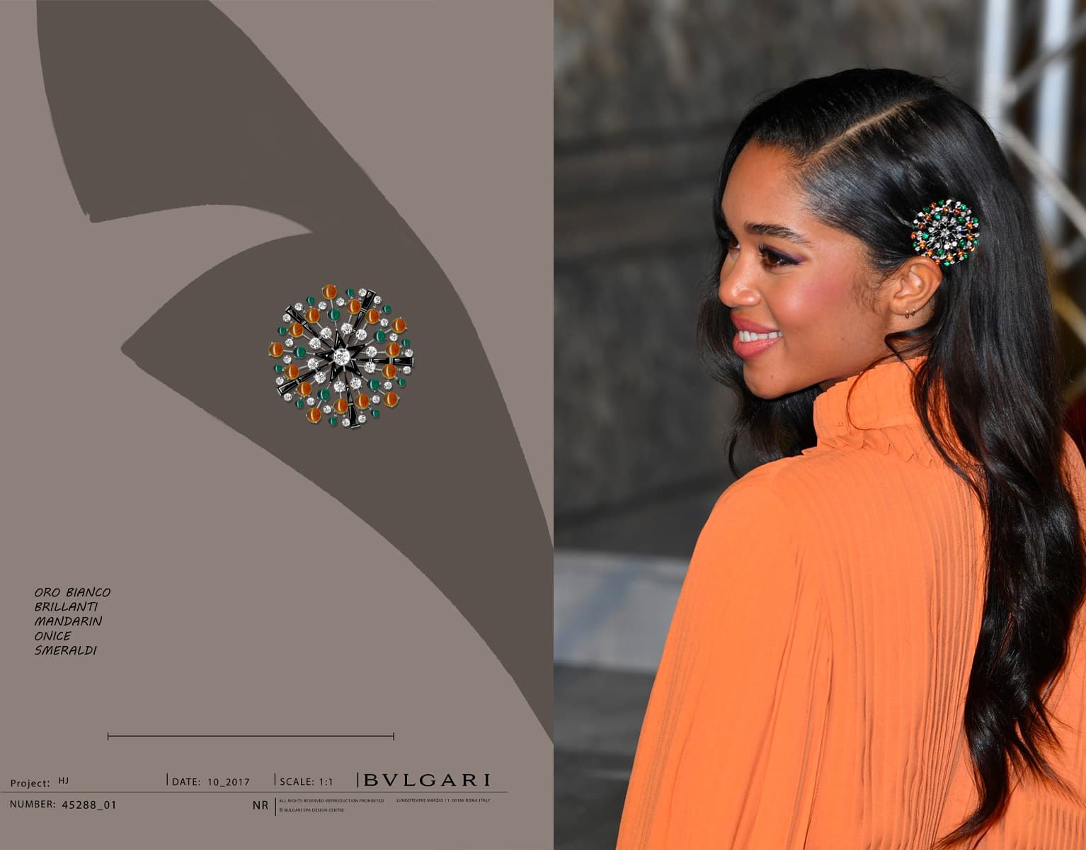  Model Laura Harrier wearing a Bvlgari brooch in her hair at BAFTA 2019 awards