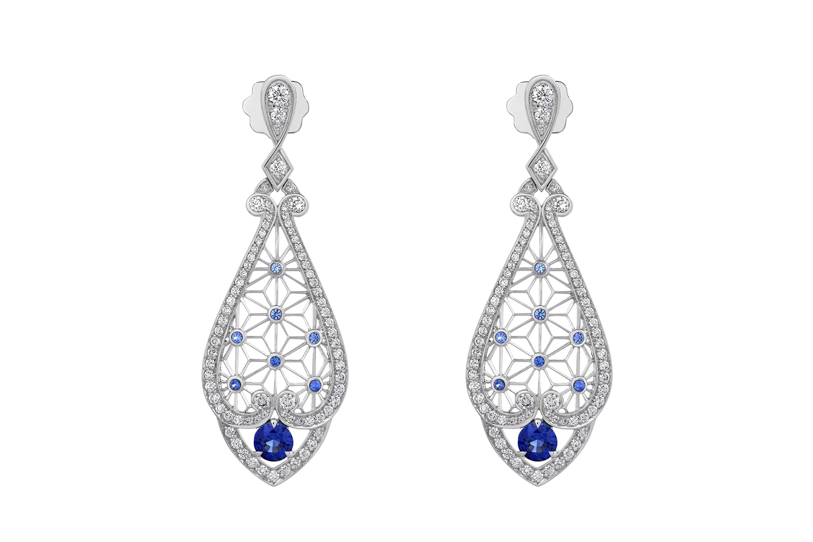  Filigree drop earrings with diamonds and sapphires from Muse collection by Garrard