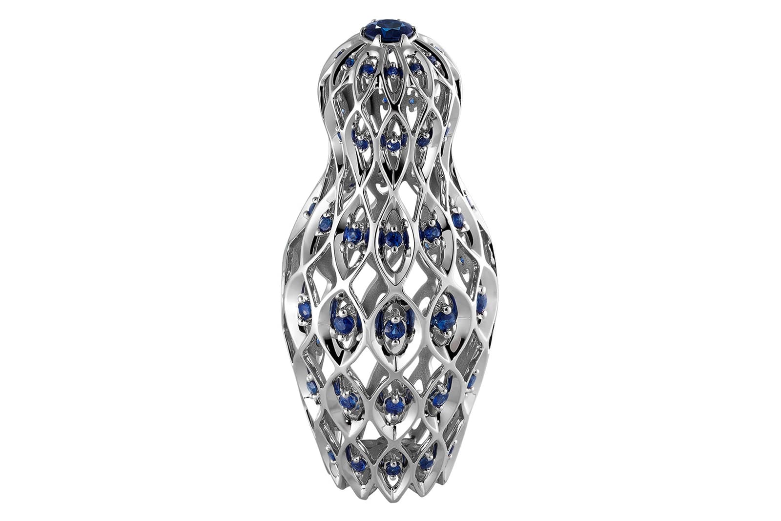 Maksim Basmanov's 'In all its Glory' pendant from Ringo's 'Matrena de Ural' collection with sapphires in white gold