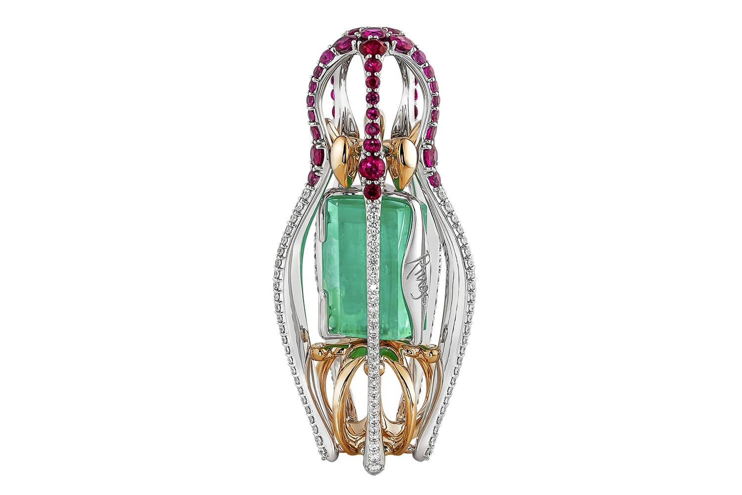  Sergey Korolyov's 'Symbols of Russia' pendant from Ringo's 'Matrena de Ural' collection with 18.04 carat Ural Mountain emerald, rubies and diamonds in white and rose gold