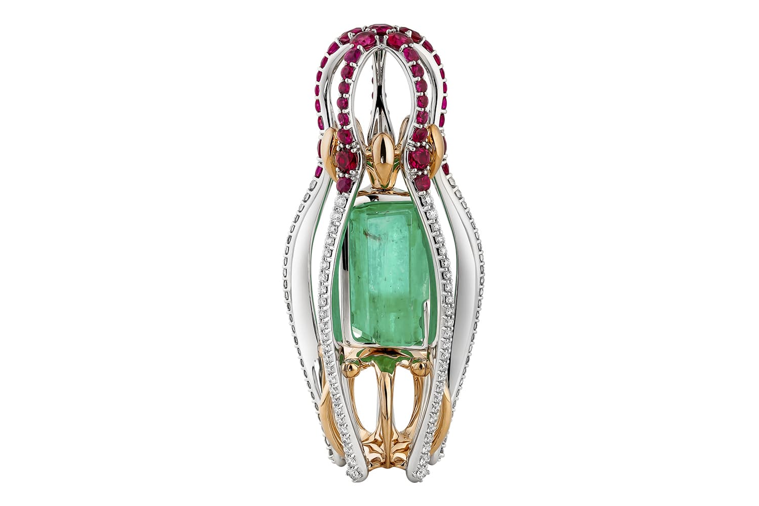  Sergey Korolyov's 'Symbols of Russia' pendant from Ringo's 'Matrena de Ural' collection with 18.04 carat Ural Mountain emerald, rubies and diamonds in white and rose gold