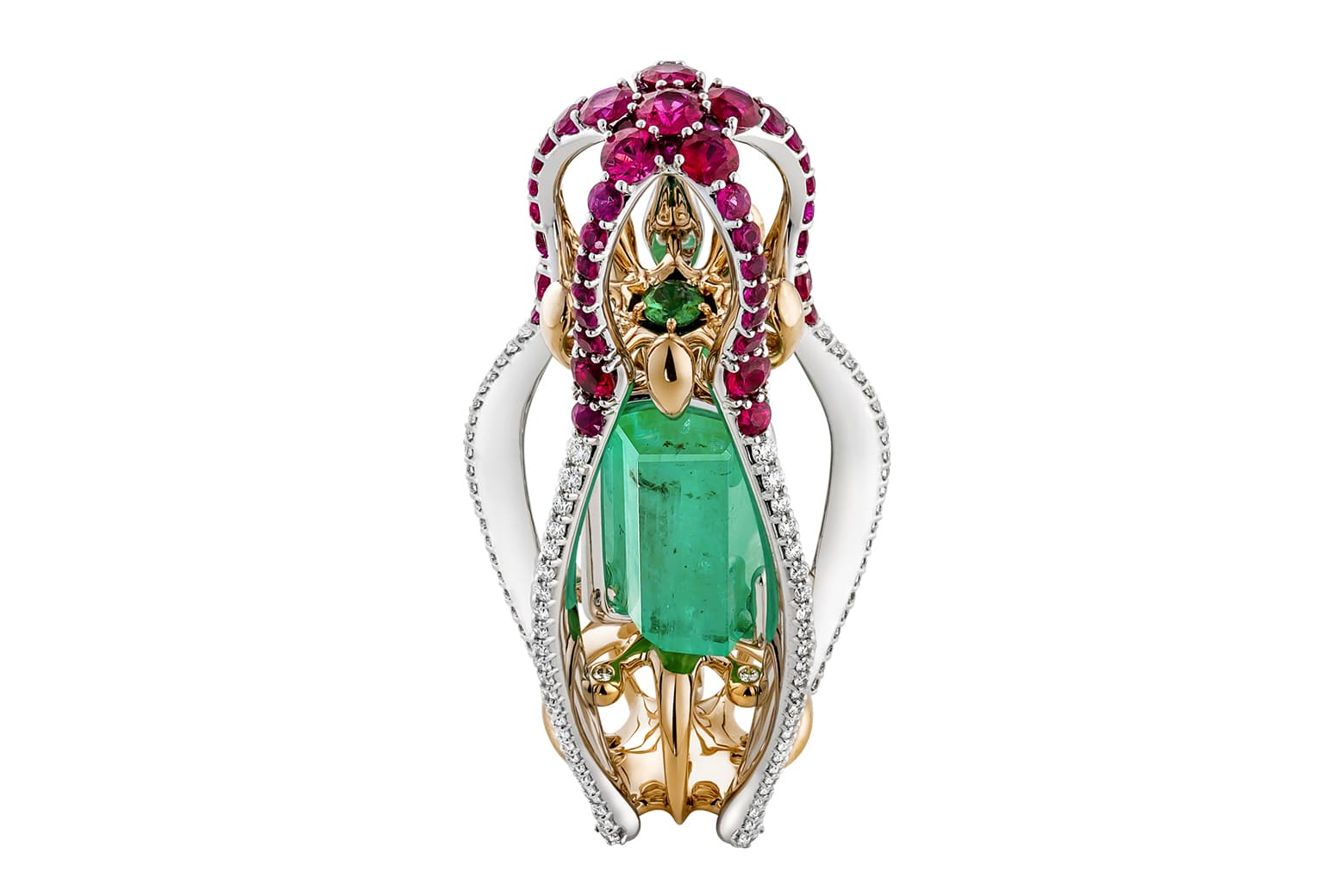 Sergey Korolyov's 'Symbols of Russia' pendant from Ringo's 'Matrena de Ural' collection with 18.04 carat Ural Mountain emerald, rubies and diamonds in white and rose gold