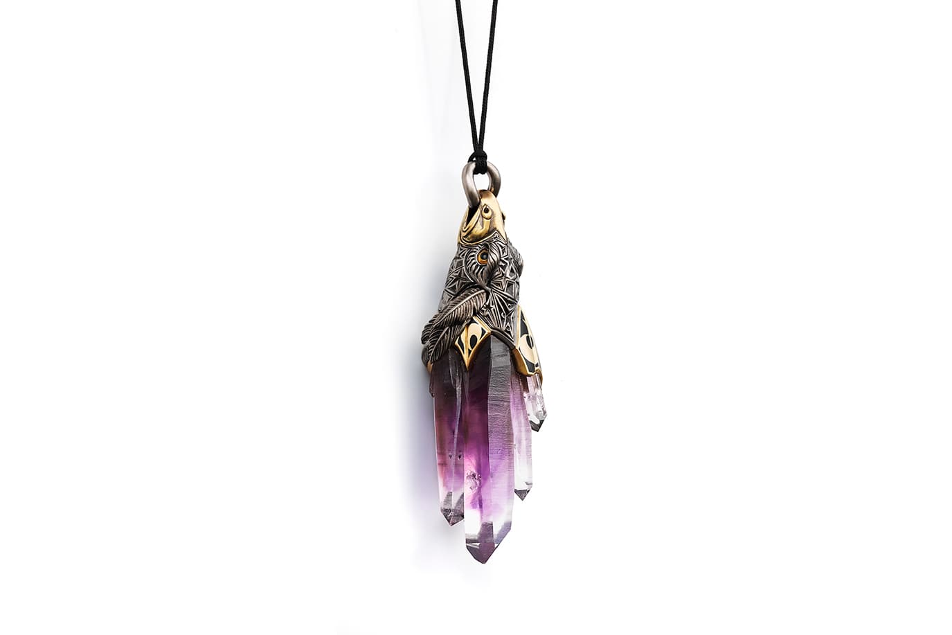   Otto Jakob ‘Aquila’ necklace with rock crystals and phantom amethysts in partially oxidized 18k white and yellow gold