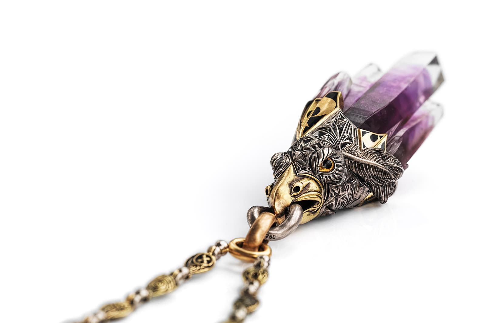  Otto Jakob ‘Aquila’ necklace with rock crystals and phantom amethysts in partially oxidized 18k white and yellow gold