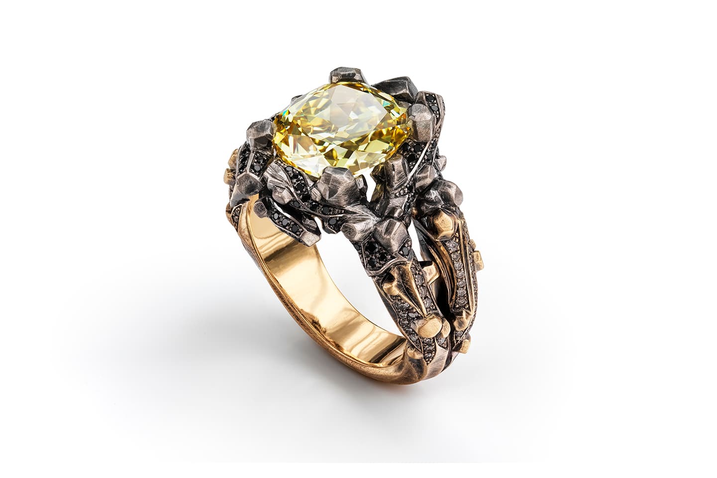 Otto Jakob ‘Eyrie’ ring with central vivid yellow old mine cut diamond, black diamonds and colourless diamonds in partially oxidized 18k white and yellow gold