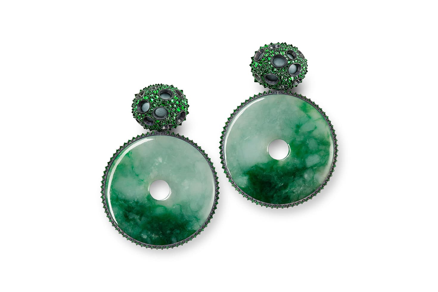 Hemmerle earrings with tsavorites and jade in aluminium, silver and white gold