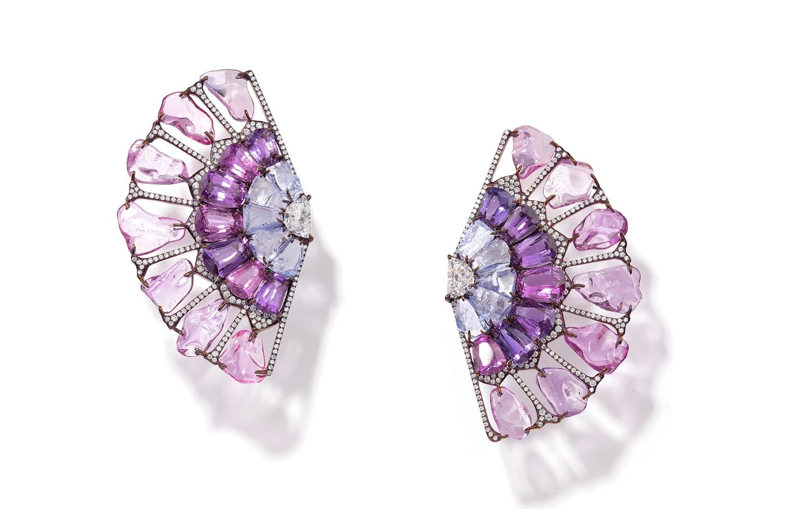  G London ‘Fan’ ear clips with 62ct old mine purple sapphires, 25ct blue spinel and half moon cut colourless diamonds in titanium