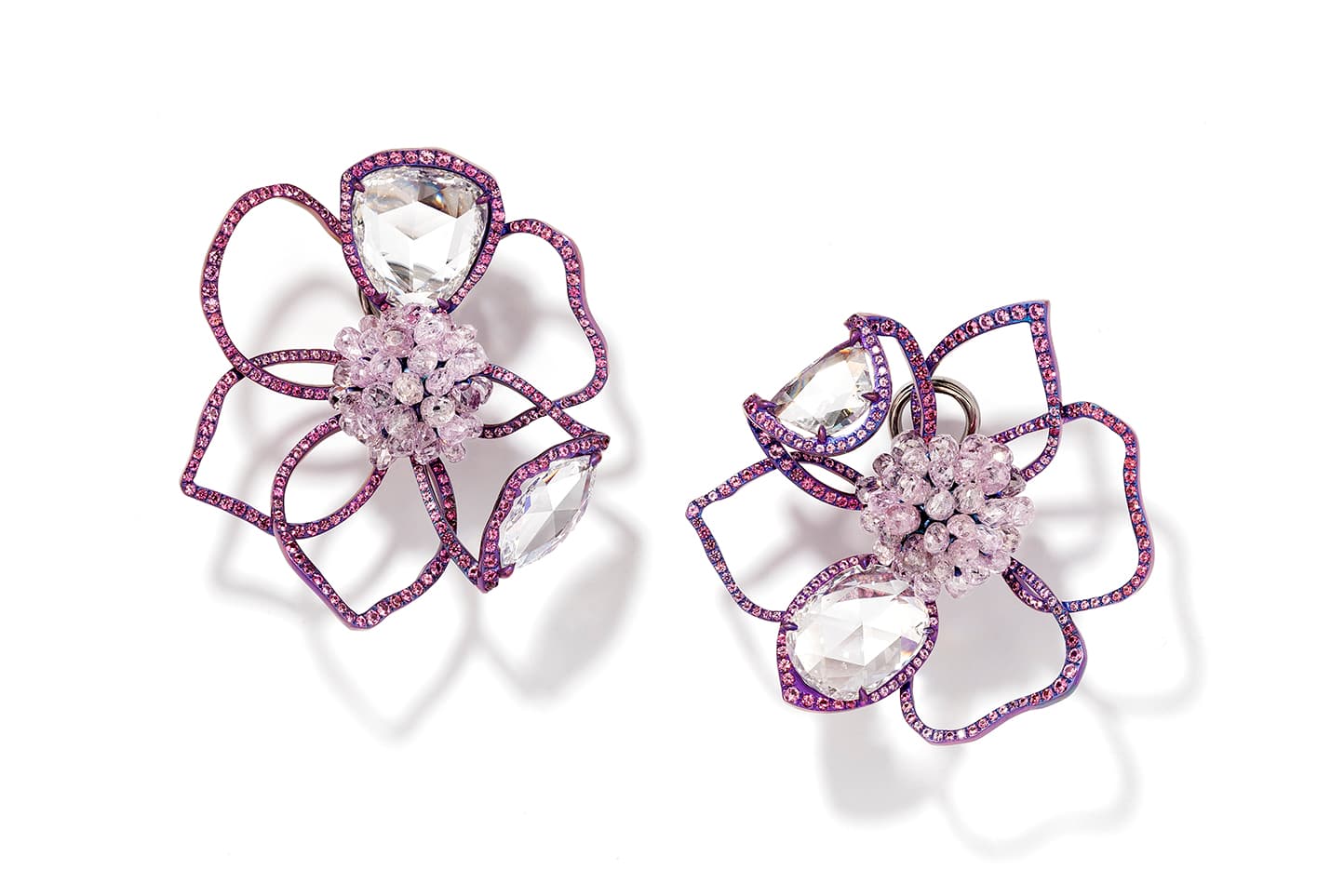   G London ‘Rose Petal’ ear clips with important rose cut diamonds, lavender briolette diamonds, and spinels in titanium