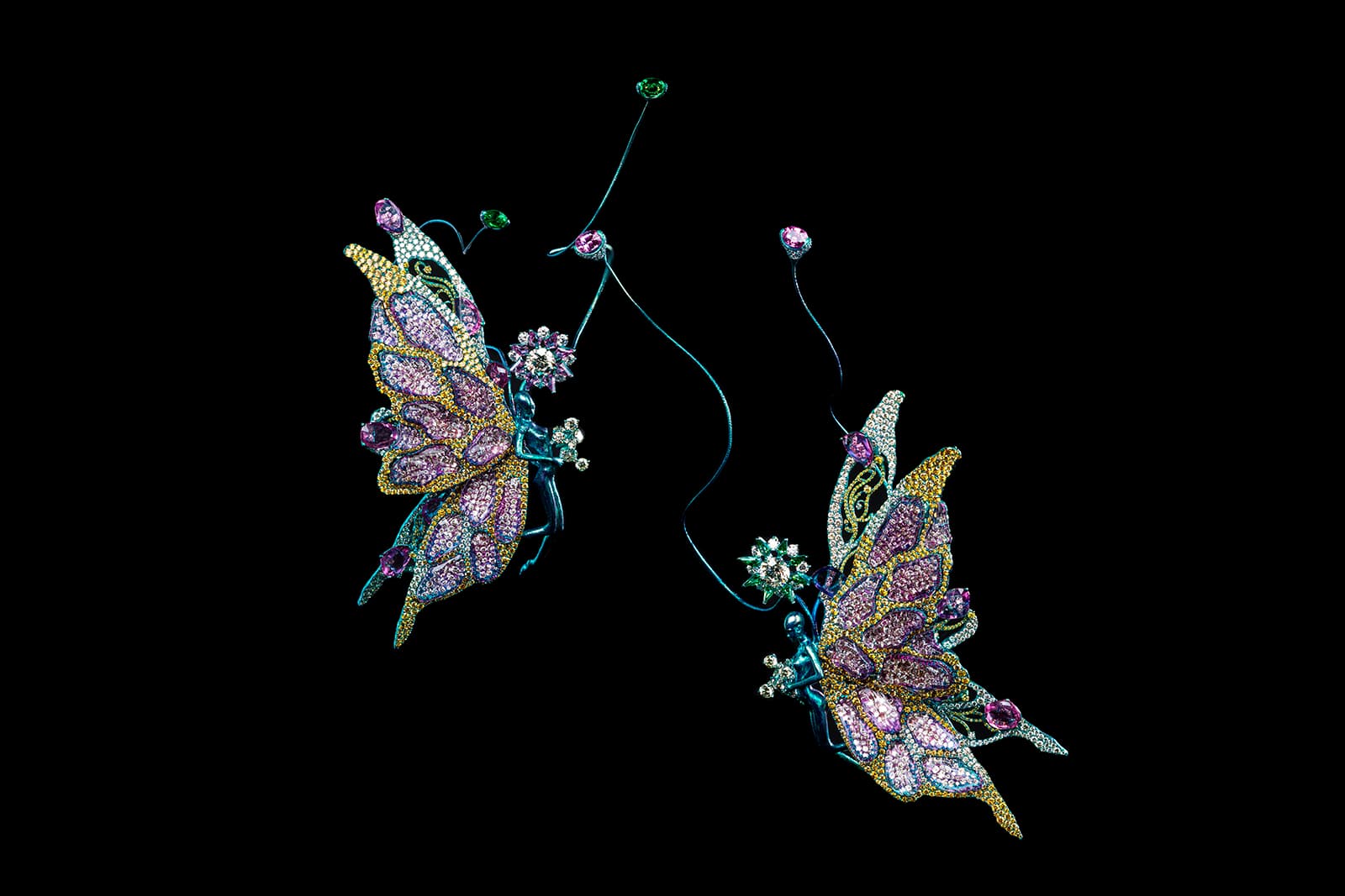  Wallace Chan ‘Butterfly Nebula’ brooches with central fancy yellow diamonds of 2.01ct and 2.32ct, tsavorites, pink sapphires, amethyst and ruby in titanium