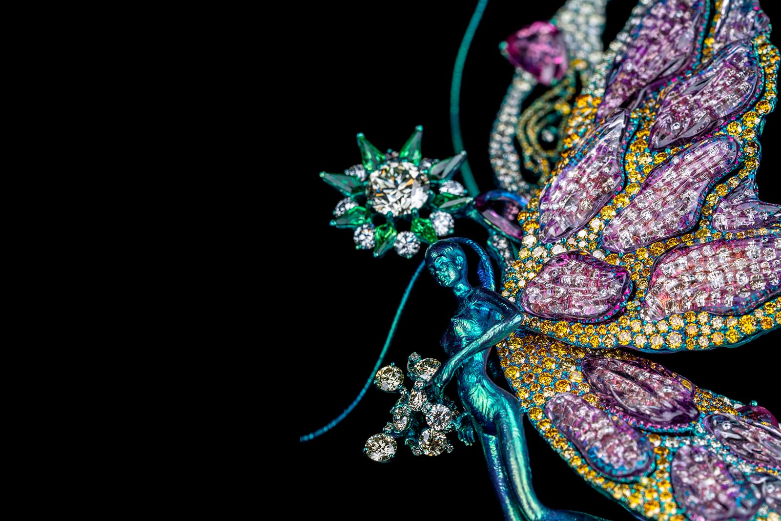 Wallace Chan ‘Butterfly Nebula’ brooches with central fancy yellow diamonds of 2.01ct and 2.32ct, tsavorites, pink sapphires, amethyst and ruby in titanium