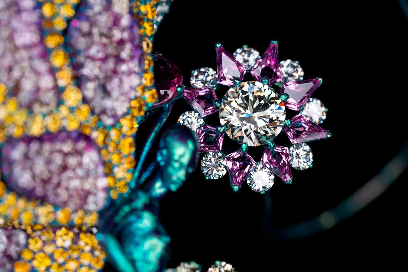  Wallace Chan ‘Butterfly Nebula’ brooches with central fancy yellow diamonds of 2.01ct and 2.32ct, tsavorites, pink sapphires, amethyst and ruby in titanium