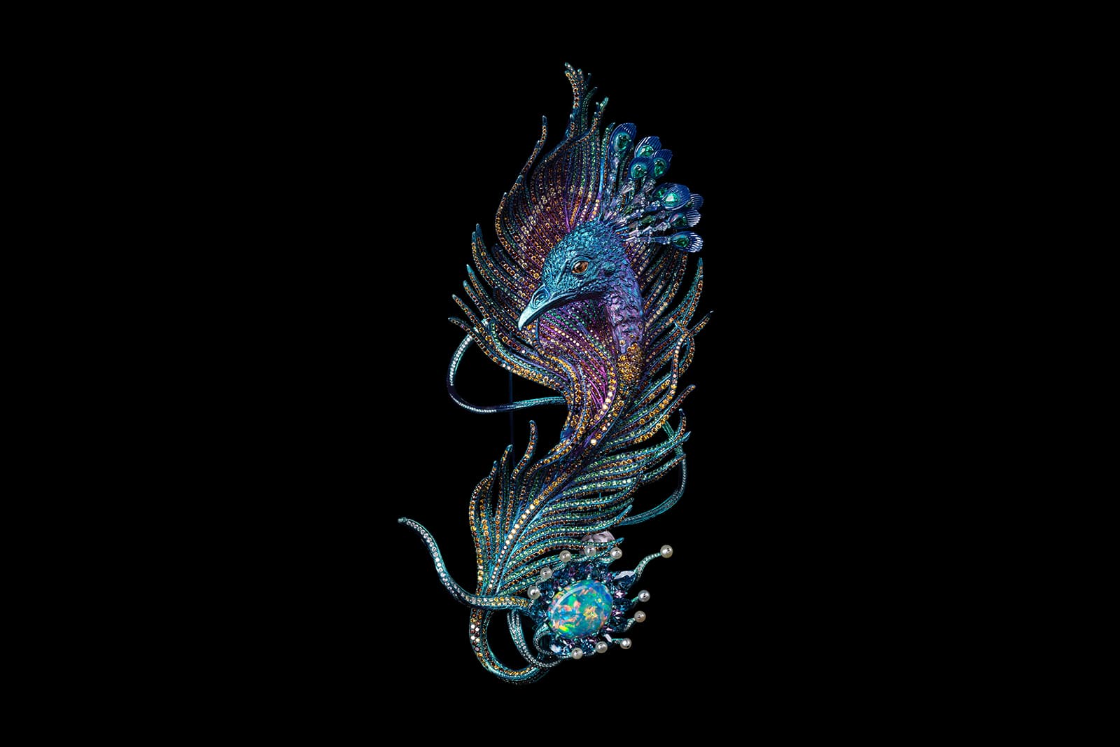   Wallace Chan ‘Hera’ parure with fancy yellow diamonds, emeralds, tsavorite garnets, padparadscha sapphires, colourless diamonds and black opal in titanium