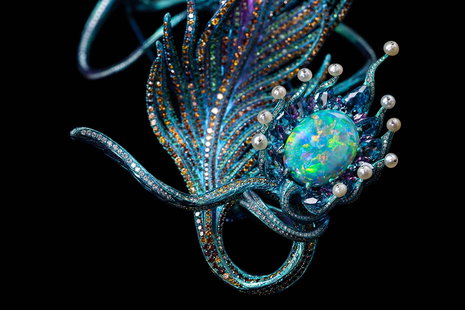   Wallace Chan ‘Hera’ parure with fancy yellow diamonds, emeralds, tsavorite garnets, padparadscha sapphires, colourless diamonds and black opal in titanium