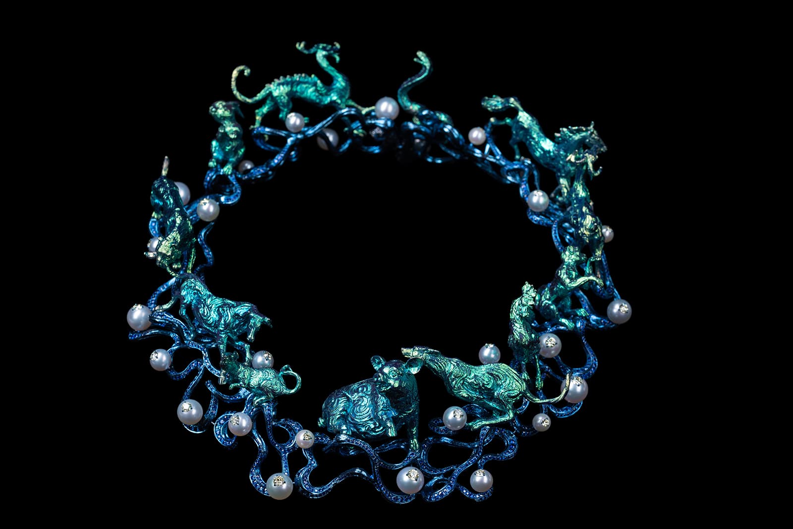 Wallace Chan ‘Wheel of Time’ necklace with 6.01ct fancy yellow diamonds, South Sea pearls, sapphires and diamonds in titanium