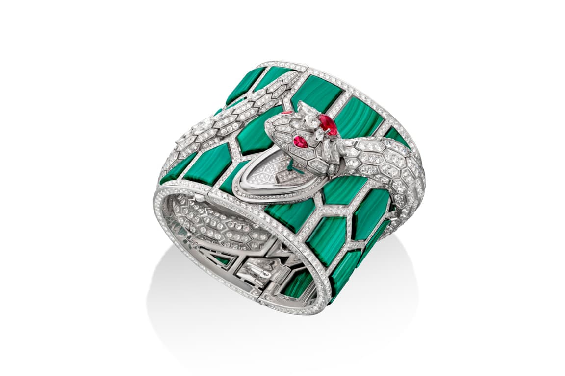  Bulgari 'Serpenti' cuff bracelet with malachite, diamonds and rubies in white gold