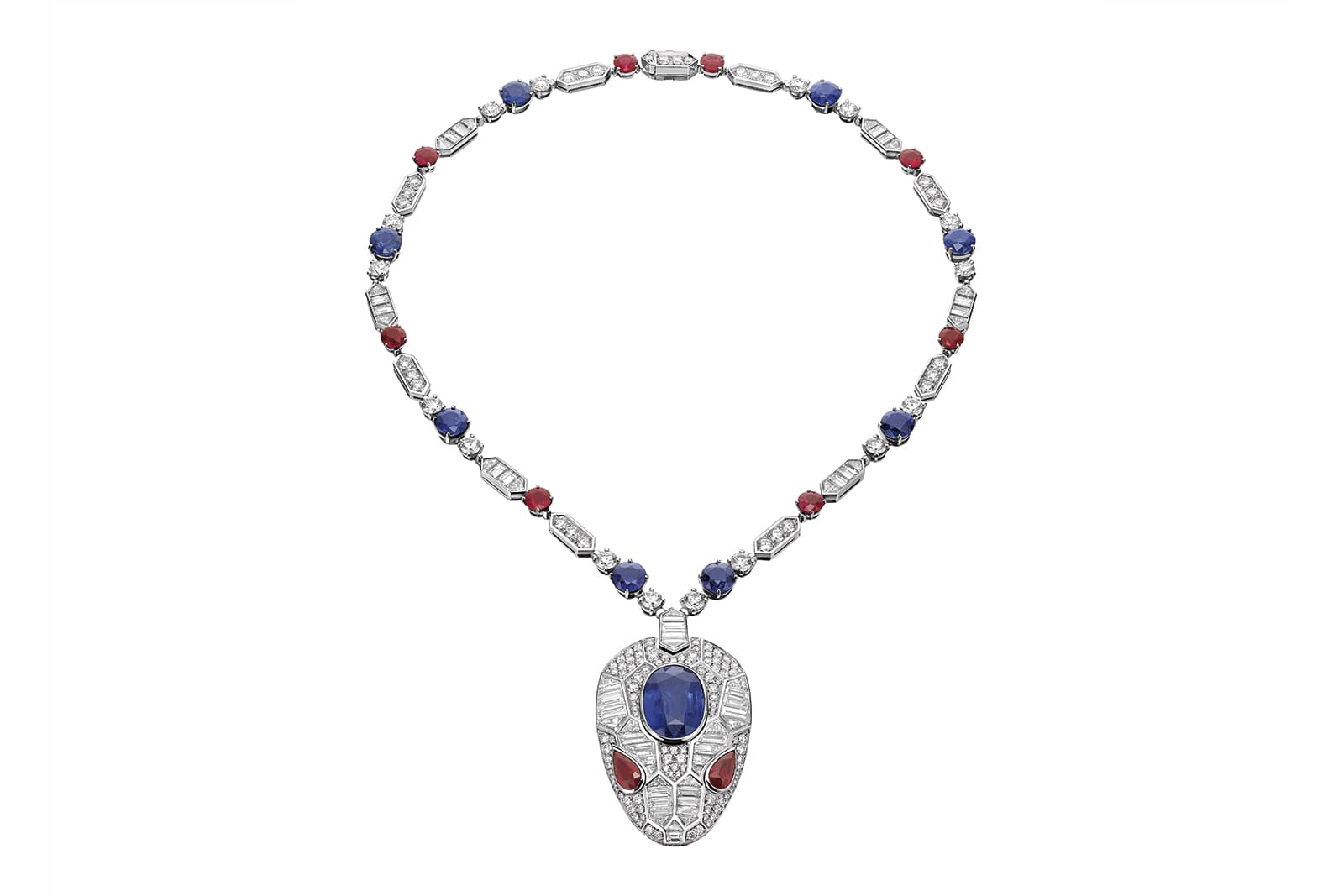  Bulgari 'Serpenti' necklace with sapphires, rubies and diamonds in white gold