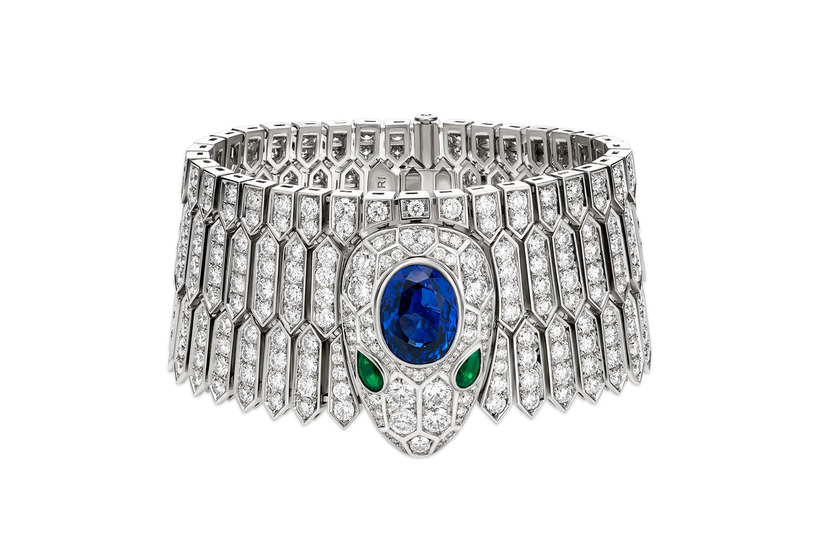 Bulgari 'Serpenti' cuff in sapphire, emeralds and diamonds in white gold