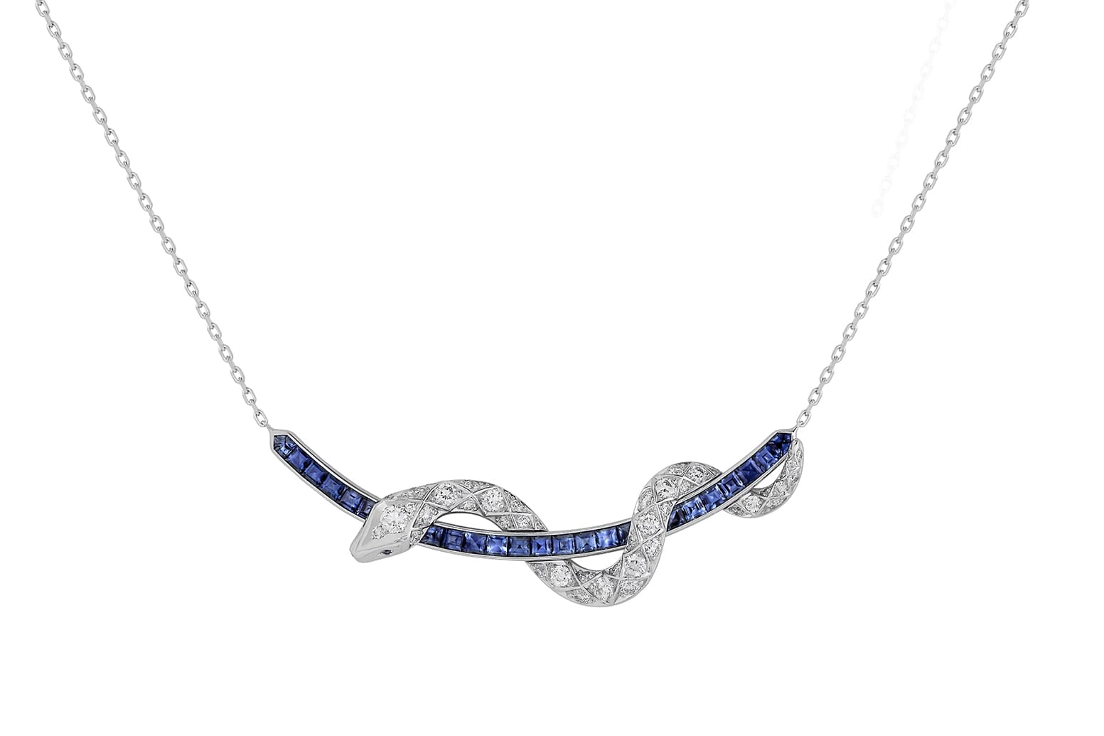  Garrard 'Signature Serpent' necklace from the 'Muse' collection with diamonds and blue sapphires in white gold 