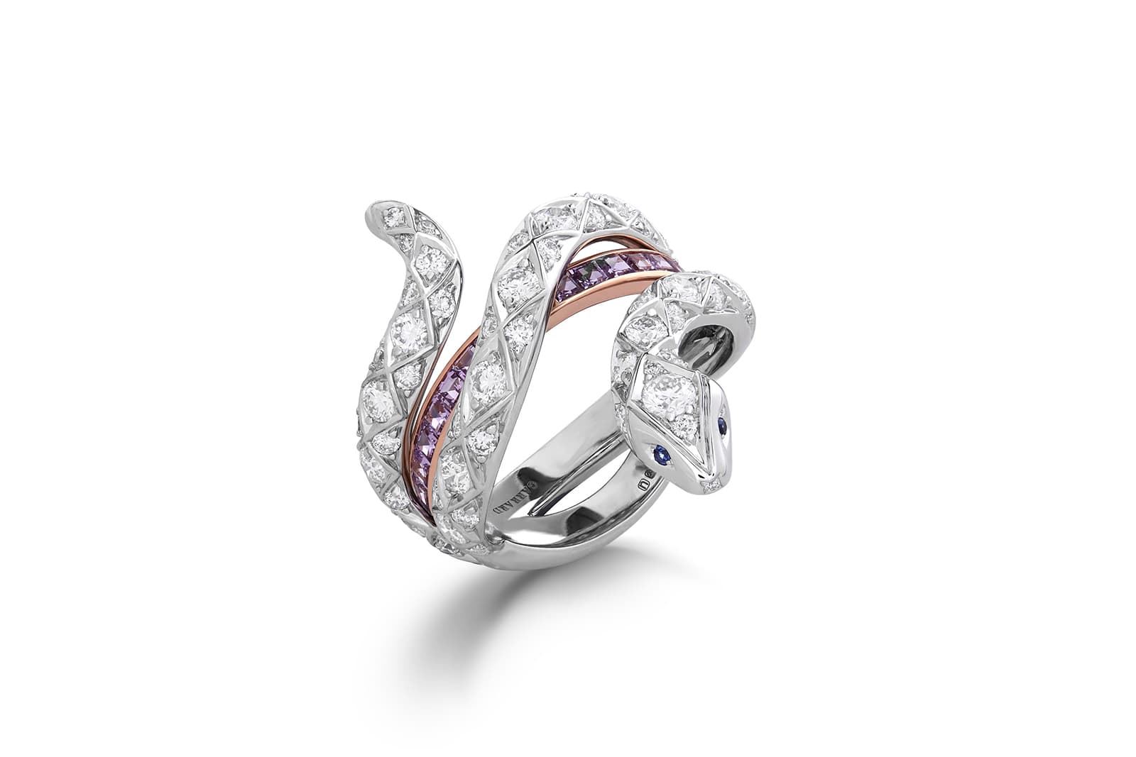  Garrard 'Signature Serpent' ring from the 'Muse' collection with diamonds and purple sapphires in rose and white gold