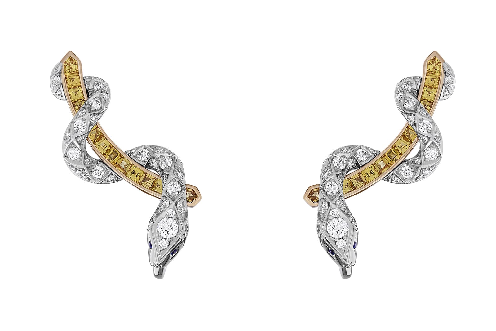  Garrard 'Signature Serpent' earrings from the 'Muse' collection with diamonds and yellow sapphires in white and rose gold 
