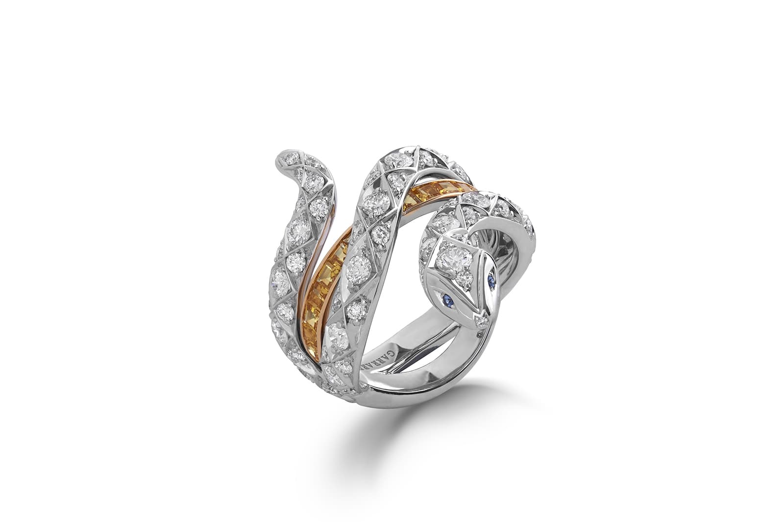  Garrard 'Signature Serpent' ring from the 'Muse' collection with diamonds and yellow sapphires in white and rose gold 