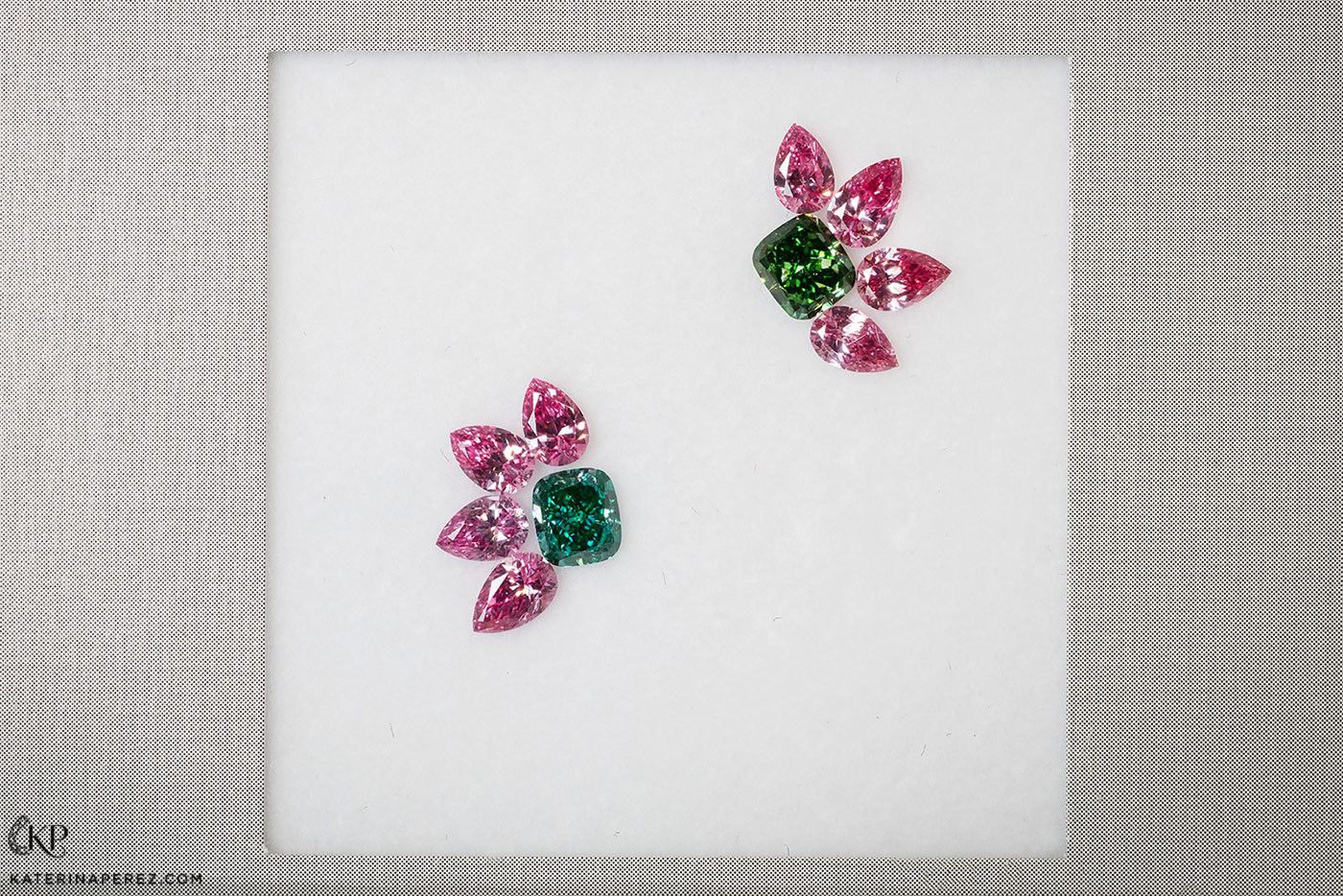 Kunming Diamonds set of green, blue and pink diamonds. Photo by Simon Martner