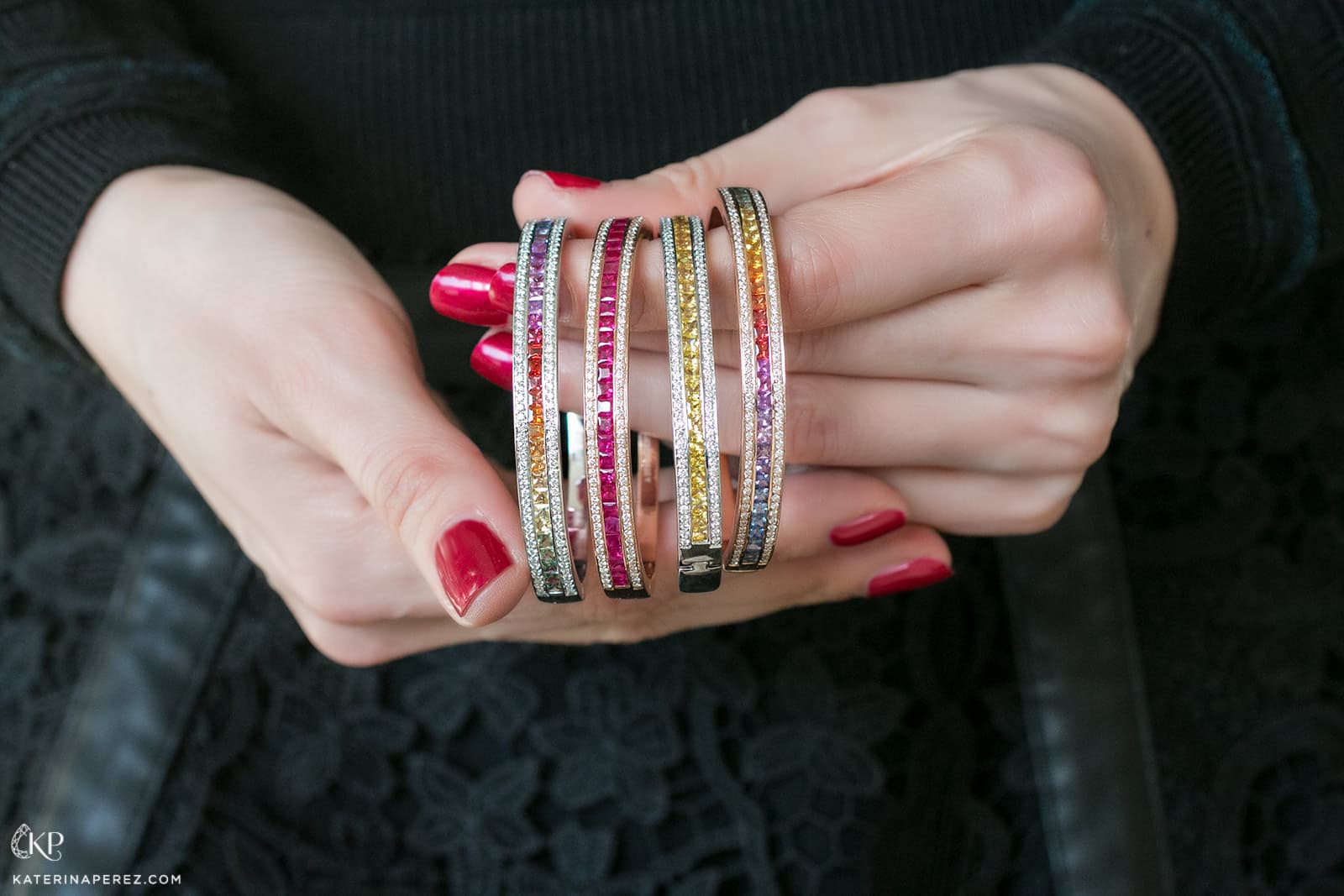 Alice Van Cal 'Union' bangles with (from left to right) multi-coloured sapphires, rubies and yellow sapphires, all with diamonds in 18k white or rose gold