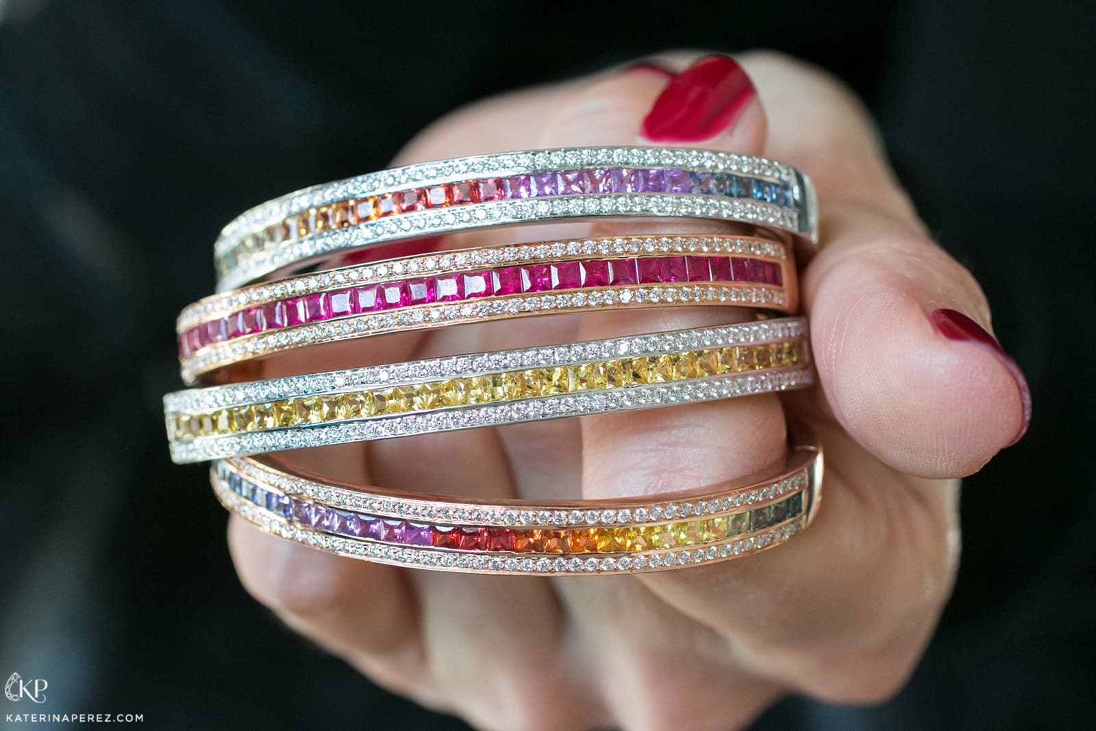  Alice Van Cal 'Union' bangles with (from top to bottom) multi-coloured sapphires, rubies and yellow sapphires, all with diamonds in 18k white or rose gold