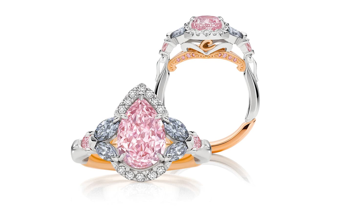 Calleija Tsarina ring with 2.15ct pear shaped fancy intense purplish pink diamond and colourless diamonds