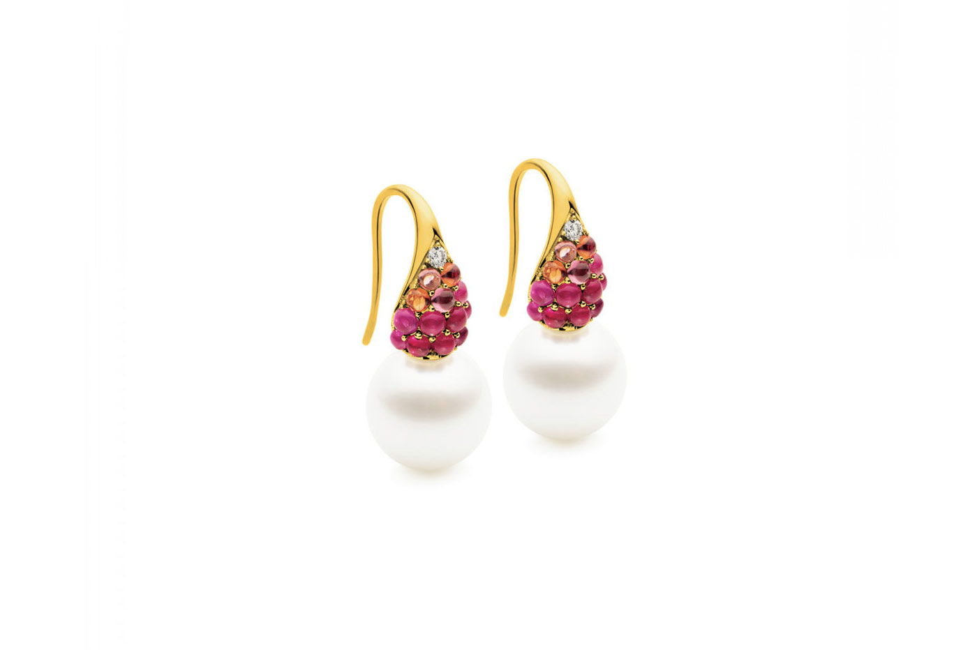  Calleija Glow earrings with pearls, pink tourmalines, rubies and orange sapphires 
