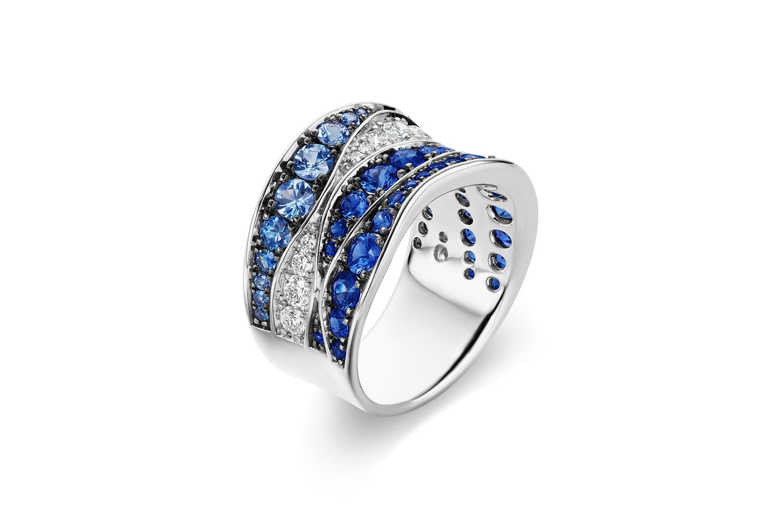  Maria Canale 'Wave' collection thick band ring with sapphires and diamonds in 18k white gold