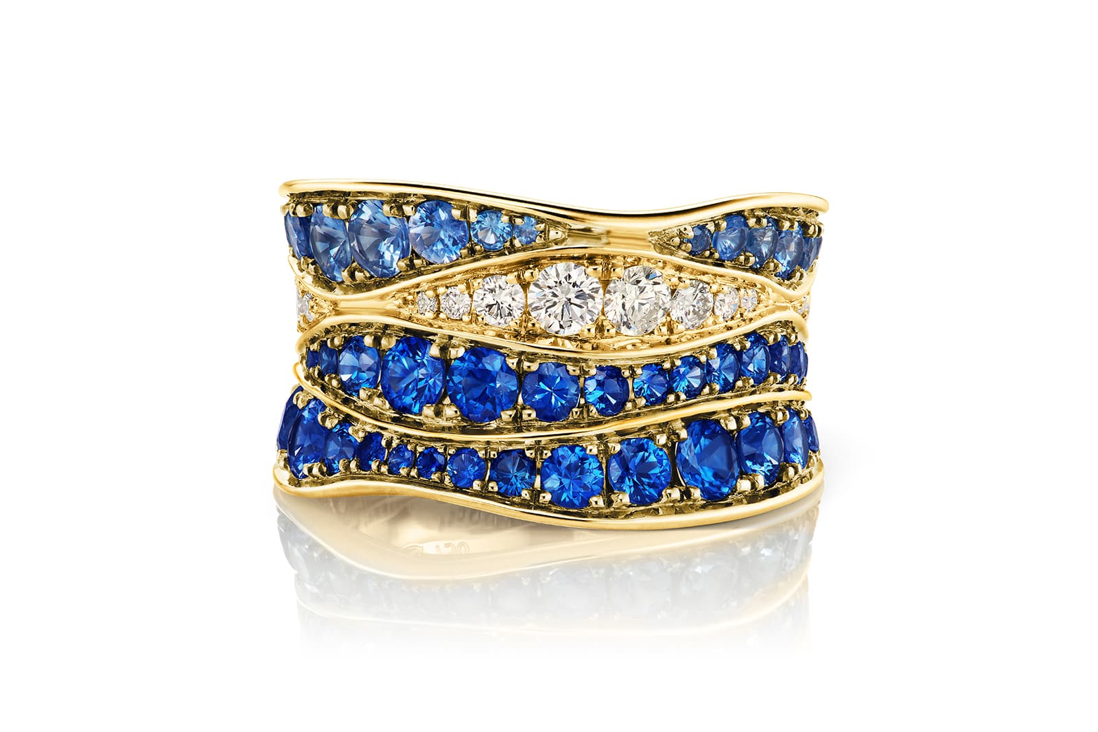  Maria Canale 'Wave' collection thick band ring with sapphires and diamonds in 18k yellow gold