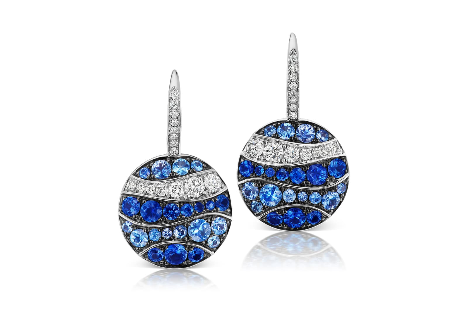  Maria Canale 'Wave' collection disc earrings with sapphires and diamonds in 18k white gold