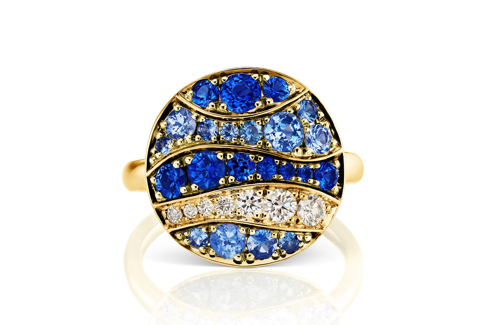  Maria Canale 'Wave' collection disc ring with sapphires and diamonds in 18k yellow gold
