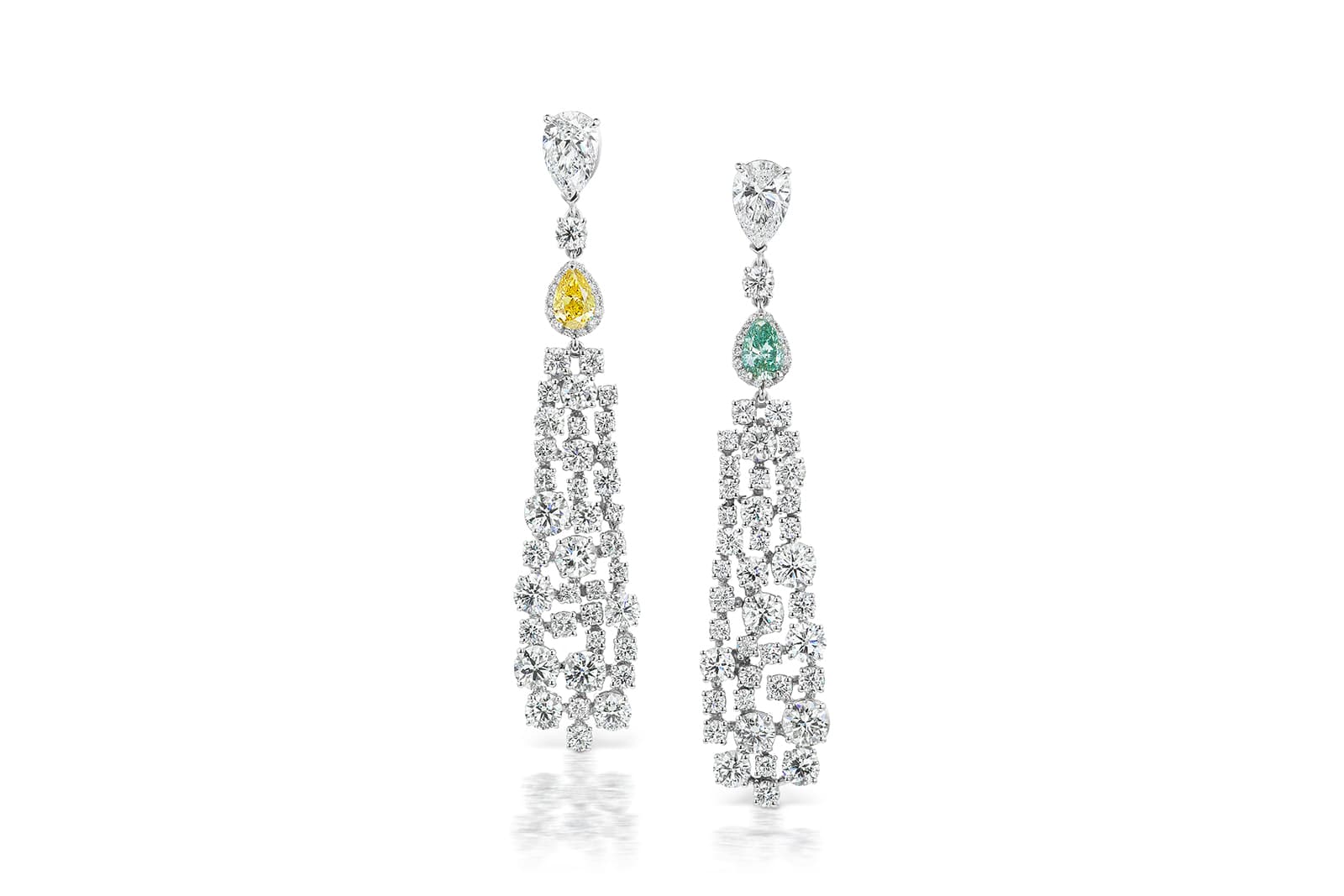 Maria Canale 'Drop' statement earrings with 0.62ct blue-green pear cut diamond and  0.60ct pear cut fancy vivid IF yellow diamond, and a total of 10.07ct colourless diamonds in 18k white gold