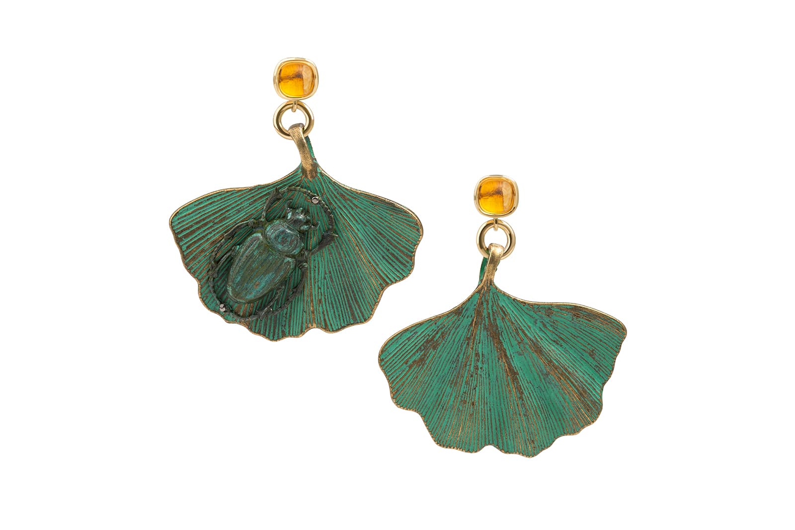 Tessa Packard 'In the Greenhouse' earrings with citrine in 9k yellow gold and verdigris brass
