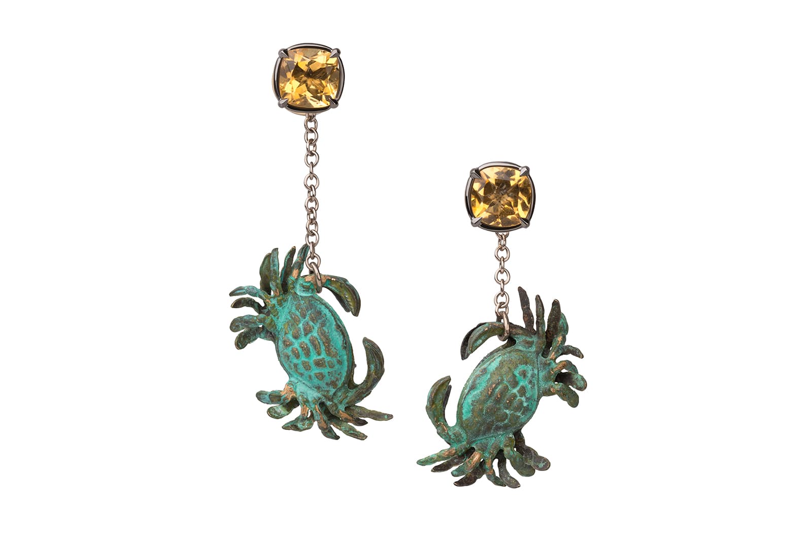 Tessa Packard 'Rock Pool' earrings with citrine in verdigris brass, white enamel, black rhodium and 18k white gold