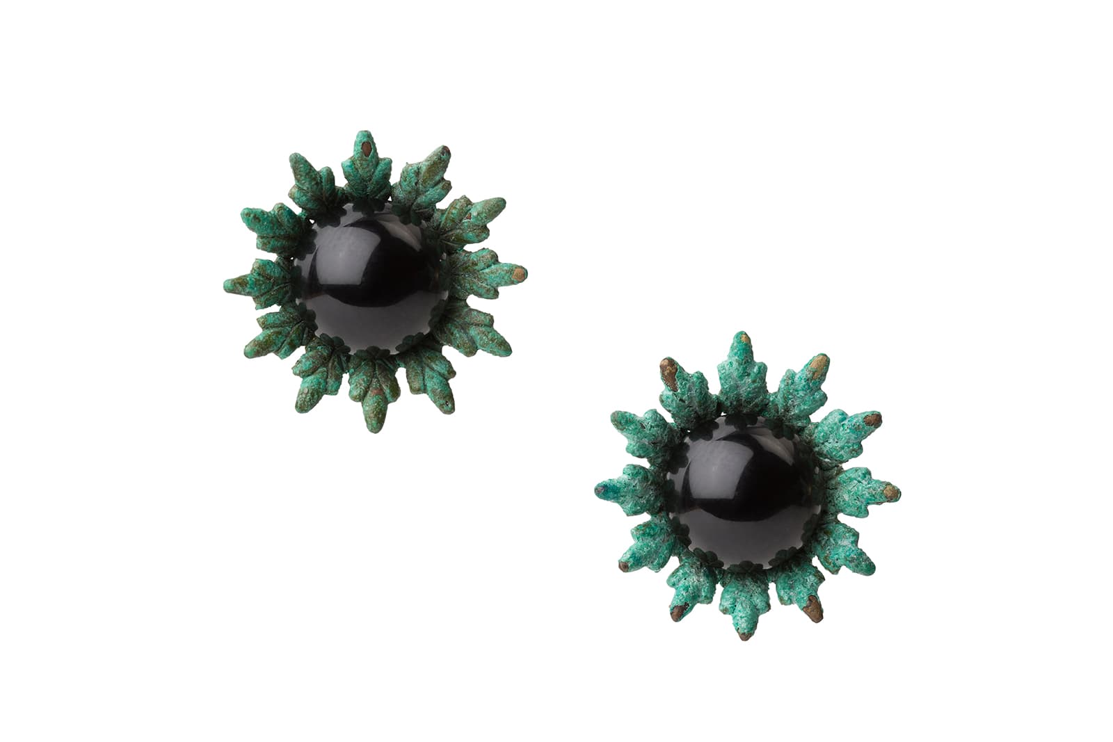  Tessa Packard 'First Bud' earrings with onyx in 18k yellow gold vermeil and verdigris brass 