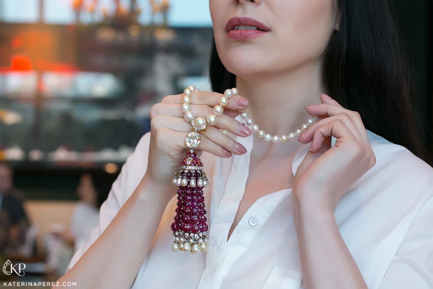  Christie's Magnificent Pearls exhibition necklace with 144 Burmese ruby beads, 111 pearls and a cushion cut diamond of 15.74 cts