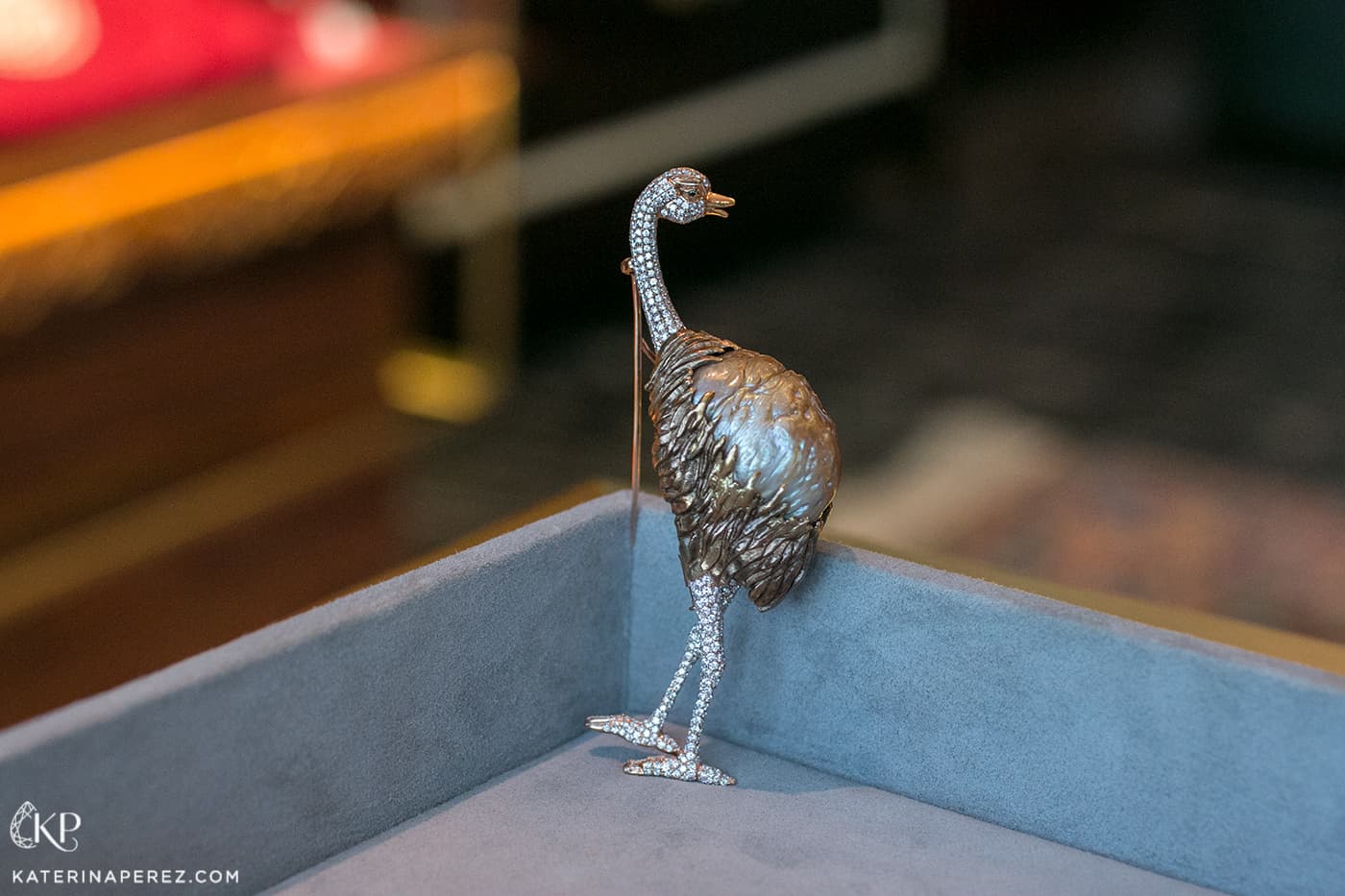  Christie's Magnificent Pearls exhibition Ostrich brooch with a large baroque pearl and diamonds