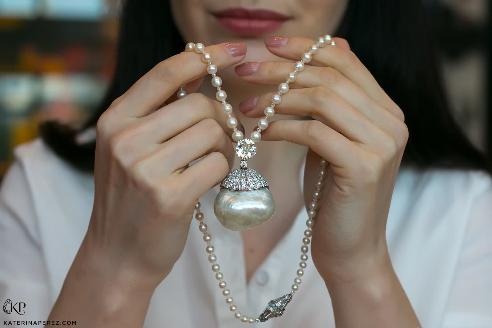 Christie's Magnificent Pearls exhibition necklace with a large baroque pearl and diamonds