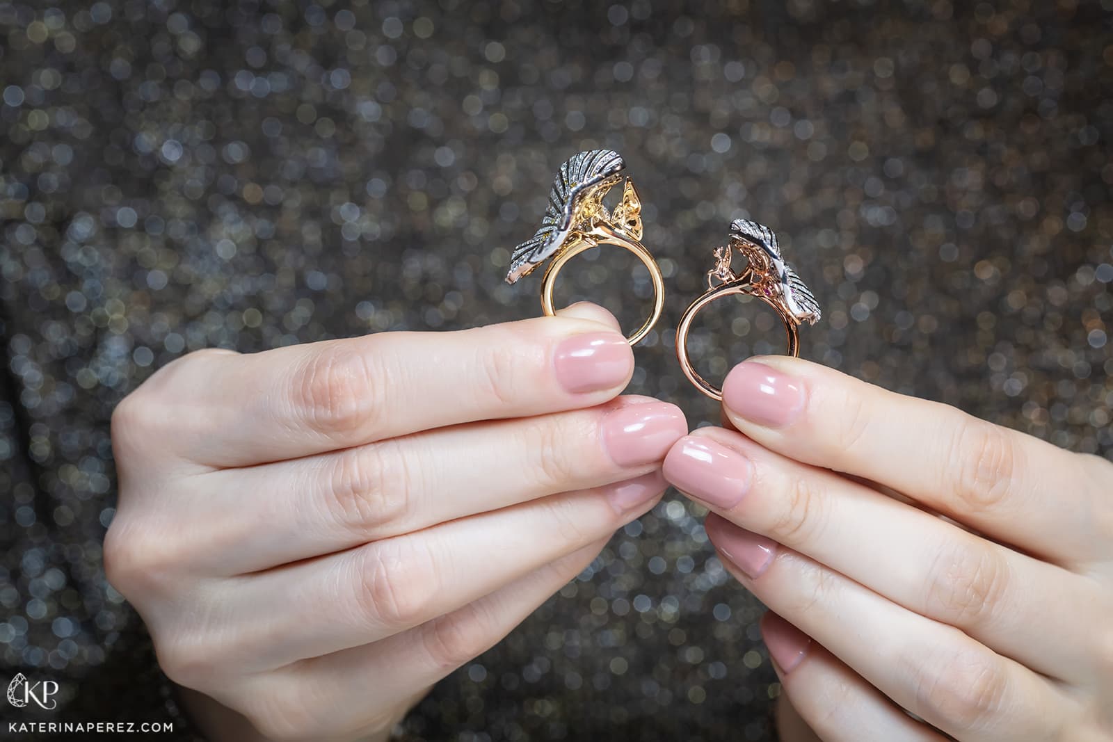 Stenzhorn 'Belle' collection rings (right to left) with colourless diamonds and pink sapphires in 18k rose and white gold, and with colourless diamonds and yellow diamonds in 18k white and yellow gold