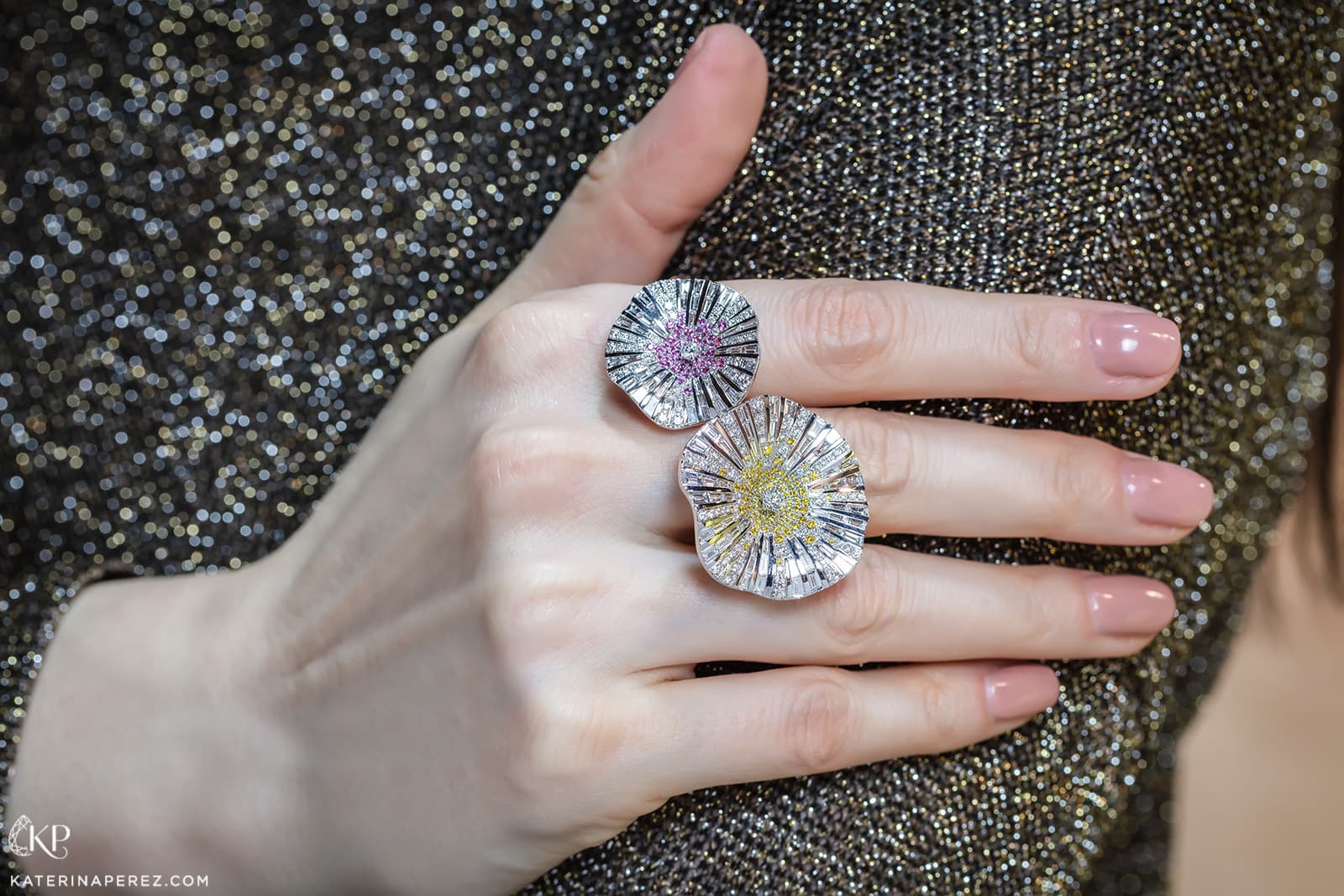 Stenzhorn 'Belle' collection rings (from left to right) with colourless diamonds and pink sapphires in 18k rose and white gold, and with colourless diamonds and yellow diamonds in 18k white and yellow gold