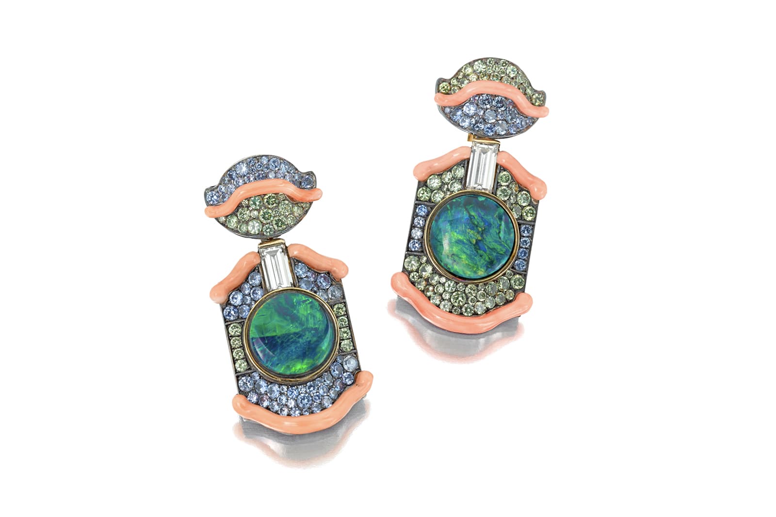 Nicholas Varney earrings with angelskin coral, opal, mint garnet, sapphire and diamonds in 18k yellow gold