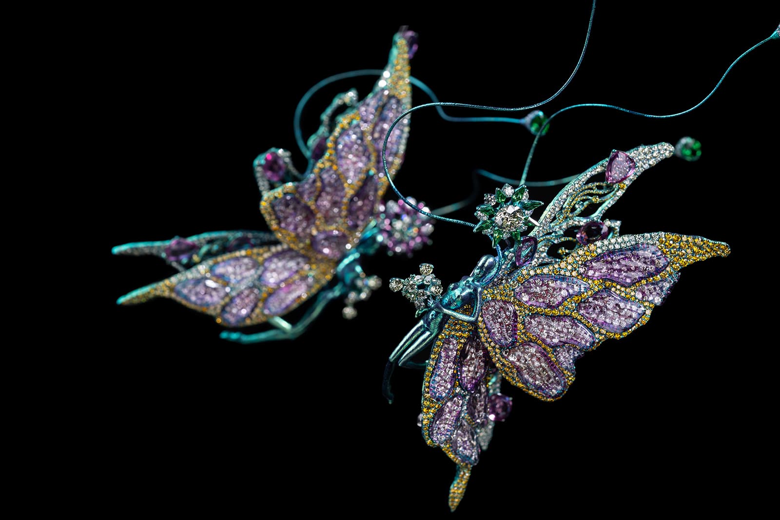  Wallace Chan 'Butterfly Nebula' brooches with feature fancy yellow diamonds of 2.01ct and 2.32ct, tsavorites, pink sapphires, amethyst and ruby in titanium 