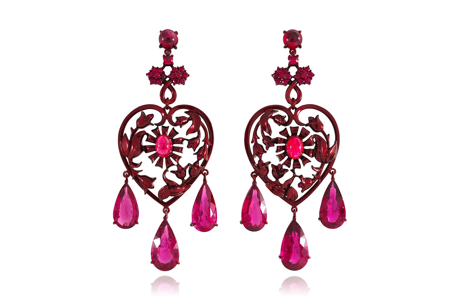 Lydia Courteille 'Scarlet Empress' collection earrings with rubies, rubellites and spinels in rhodium plated 18k gold
