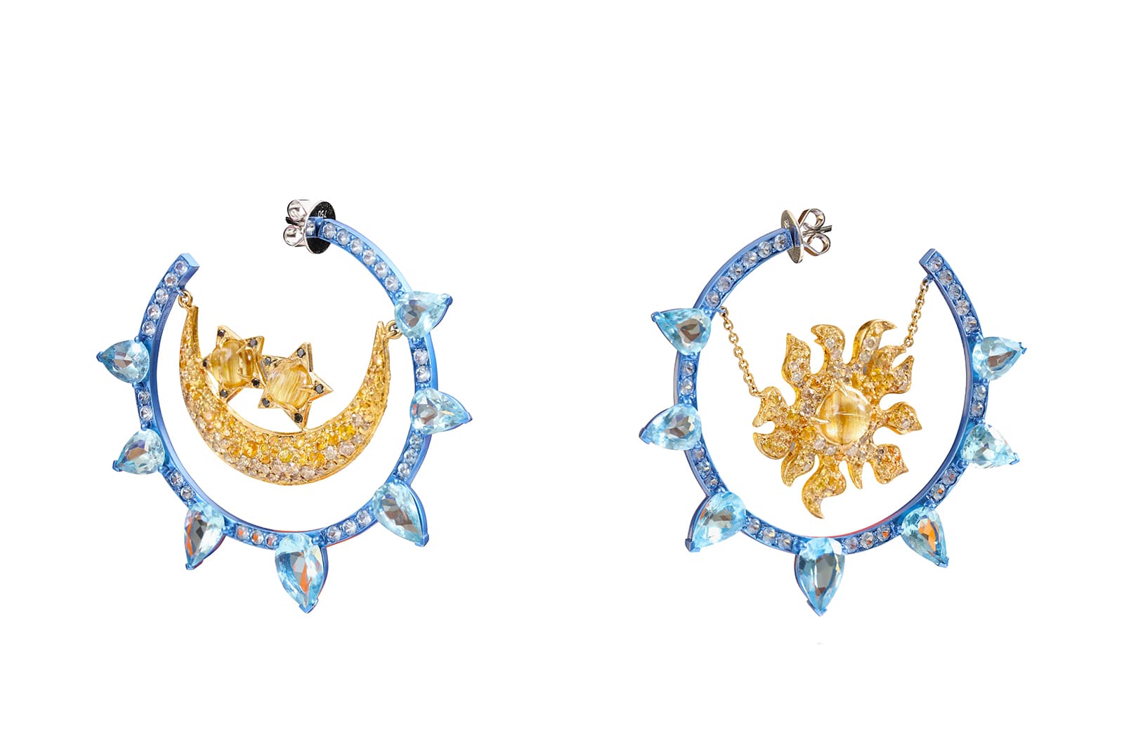  Lydia Courteille 'Marie Antoinette Dark Side' collection earrings with diamonds, blue and yellow sapphires, aquamarine and quartz in rhodium plated 18k yellow and white gold