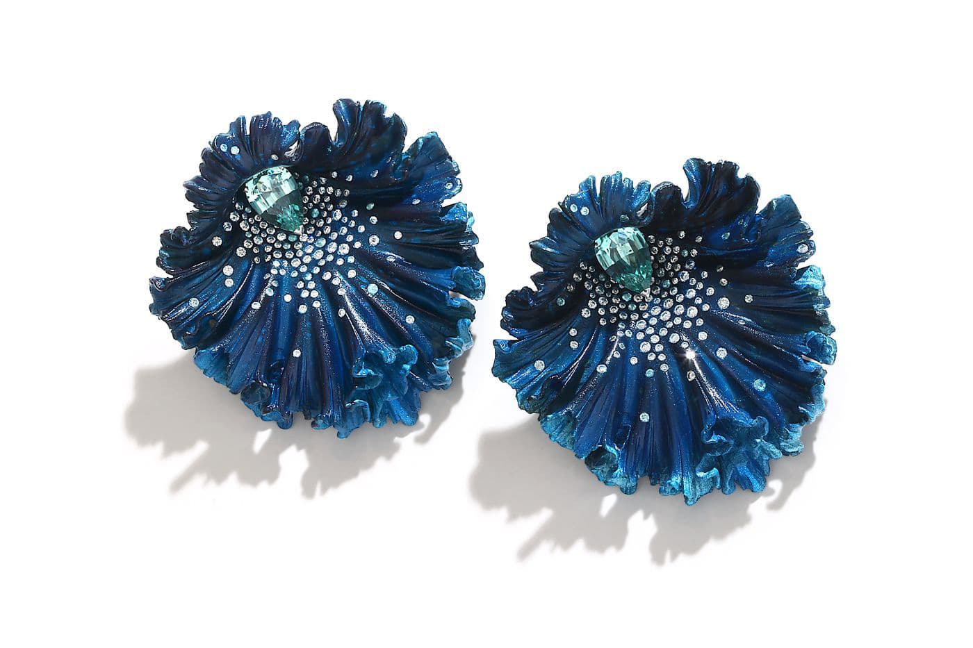 Emmanuel Tarpin earrings with Paraiba tourmalines and diamonds in aluminium