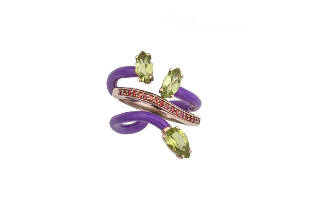  Bea Bongiasca 'You’re So Vine' ring with peridot, orange sapphires, enamel and 18k rose gold
