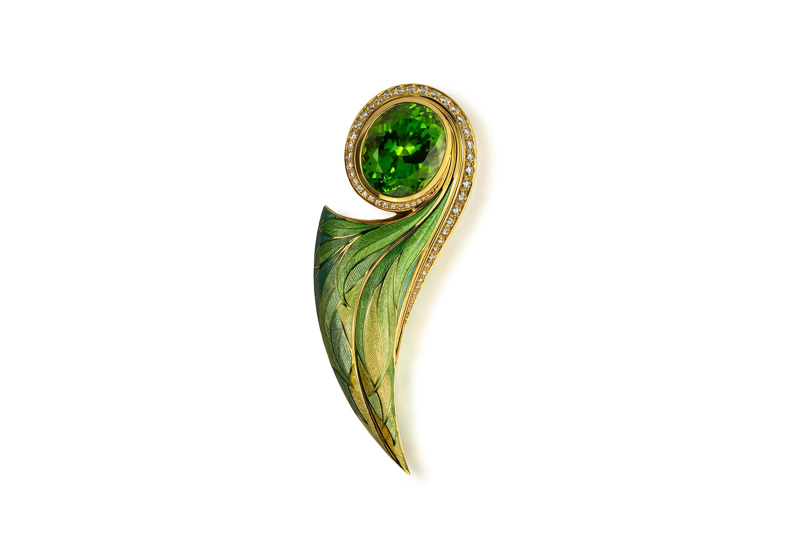  Henn of London brooch with peridot, diamonds and enamel in 18k yellow gold